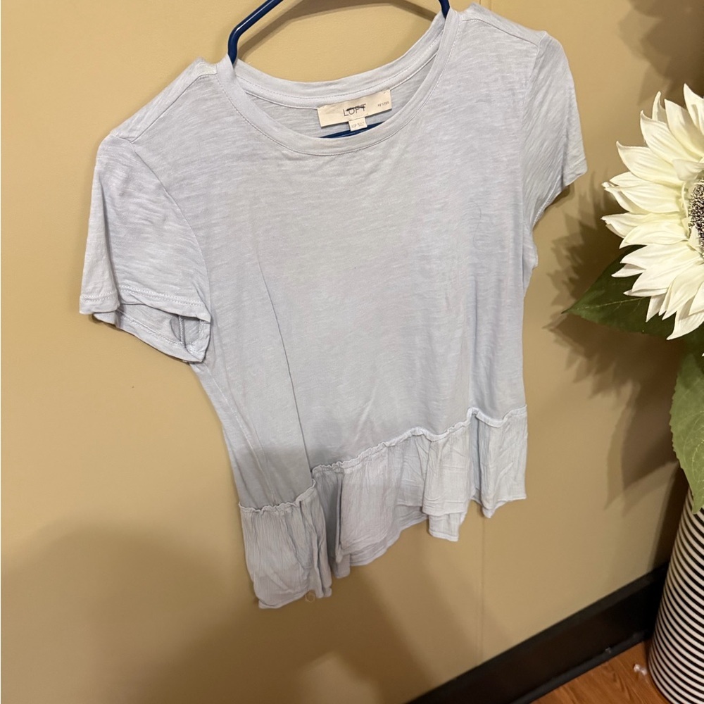 LOFT Soft Blue Short Sleeve Ruffle Top